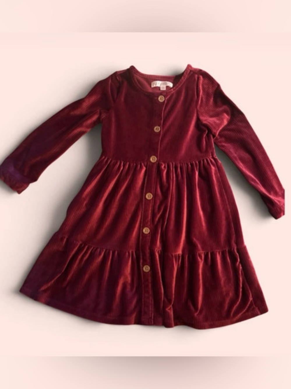 Girls Long Sleeve Burgundy Button-Front Dress